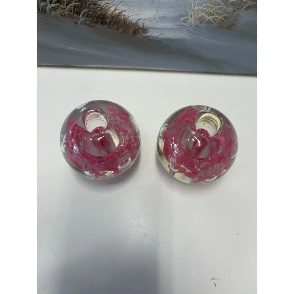 Zimmerman Art Glass Pink Floral Controlled Bubble Candle Holder Set of 2 Indiana